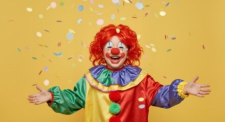 Obraz premium Happy Child in Colorful Clown Costume with Confetti Celebration