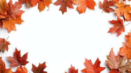 Fototapeta premium A vibrant autumn frame of dried maple leaves arranged on a clean white background provides ample space for text or design elements perfect for seasonal projects and celebrations.