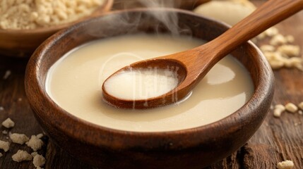 Wooden bowl of steaming soy milk