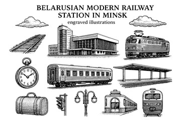 Belarusian modern railway station in Minsk showcases intricate engravings of trains and travel elements