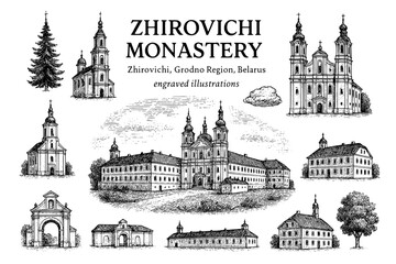 Fototapeta premium Engraved illustrations of Zhirovichi Monastery showcasing its architecture and historical significance in Belarus