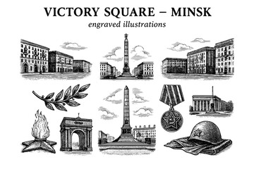 Historical engravings showcasing Victory Square in Minsk, celebrating heritage and remembrance of the past