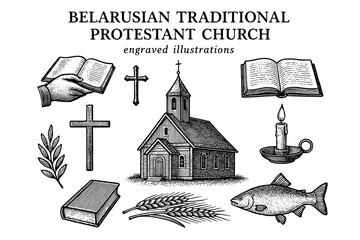 Engraved illustrations celebrating Belarusian traditional Protestant church and its cultural symbols in a vintage style