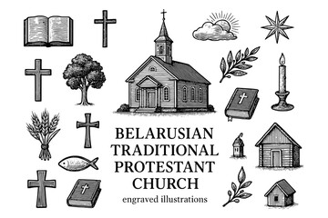 Exploring engraved illustrations of Belarusian traditional Protestant church with symbols of faith and community