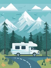 Scenic RV Adventure Flat Illustration of a Motorhome Road Trip Through Mountainous Landscape in Serene Green and White Palette