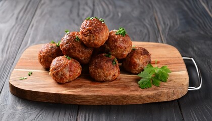 stack of baked meatballs on a chopping board