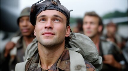 Close-up of smiling soldier with blue eyes wearing camouflage uniform and backpack outdoors, group of soldiers in background
