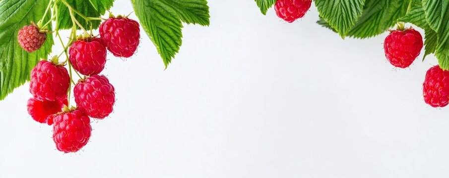 Fresh ripe red raspberries hang from green leafy plant branches