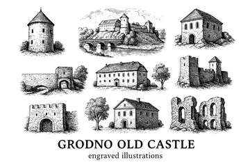 Illustrations showcasing the historical architecture of Grodno Old Castle in enchanting engraved detail
