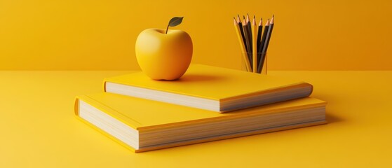 Inspiring yellow still life with books apple and pencils conveying education learning knowledge study  back to school  academic concept