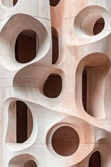 Unique architectural facade featuring round carved openings creating an abstract pattern on a sunlit building