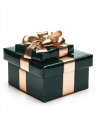 Two gift boxes elegantly stacked with shiny dark green wrapping and gold ribbon on a white backdrop
