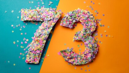 Number 73 made out of confetti. Photo for seventy-third birthday or anniversary party