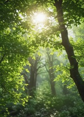 Fototapeta premium Vibrant green spring foliage, sunlight dappling through leaves, texture, soil