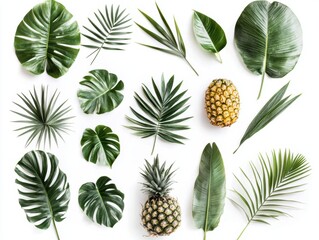 Tropical foliage arrangement on white backdrop featuring fresh green leaves and two sweet pineapples