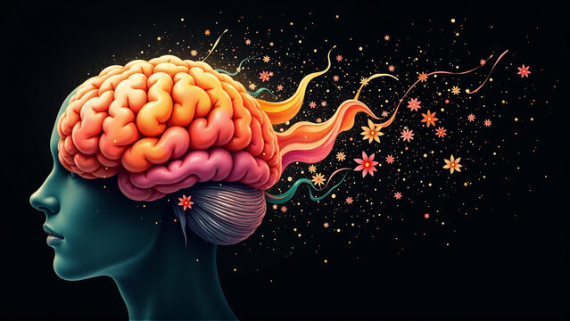 Burst of Resilience: Watercolor Brain with Exploding Floral Hemisphere on Black