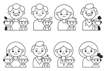 "Happy Family Icon Set – Hand-Drawn Outline Illustrations of Parents and Children"