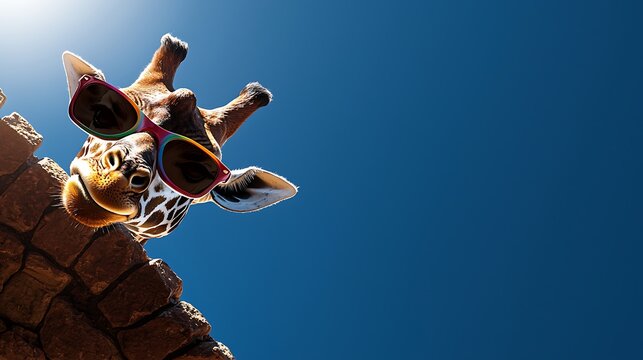 Giraffe wearing colorful sunglasses peering over a stone wall under a clear blue sky