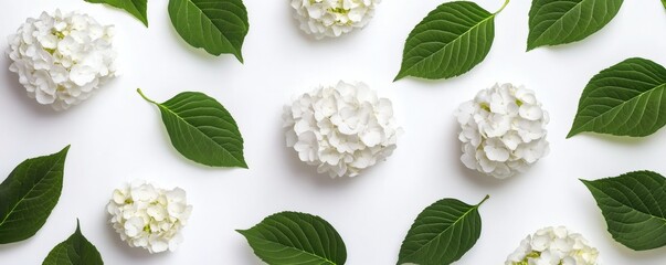 Fototapeta premium Overhead view of scattered white flowers and green leaves