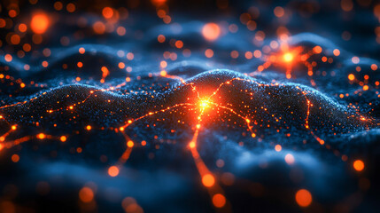 Fototapeta premium Abstract glowing particles flowing in a digital landscape 