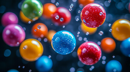 Colorful spheres floating in bubbles against a dark background  
