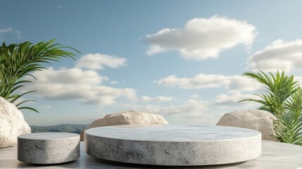 Elegant round stone podiums showcase tropical palm leaf and cloudscape nature background display