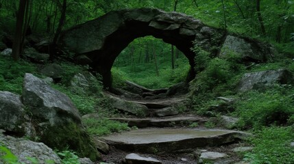 Mysterious stone archway in lush forest, leading to an unknown path