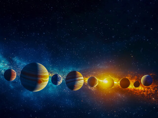 Explore the mesmerizing alignment of planets set against a backdrop of blue and orange hues, with twinkling stars decorating the vast universe. Each celestial body reveals its unique beauty