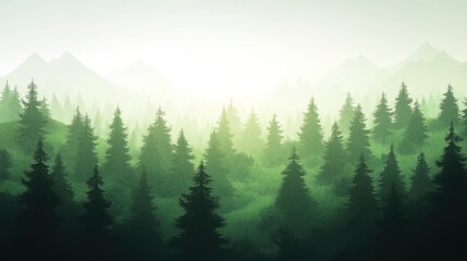 Fototapeta premium Serene Misty Mountain Forest Landscape: A Breathtaking View of Evergreen Trees and Rolling Hills