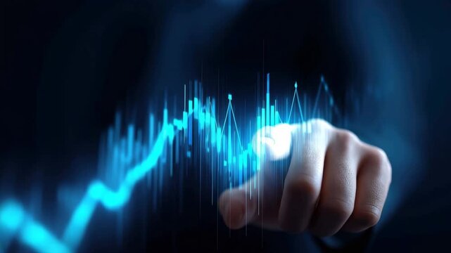 Hand interacting with digital financial chart.