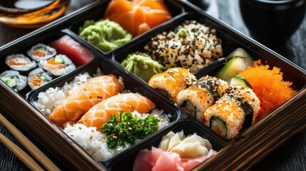 Wooden Bento Box with Sushi and Seafood