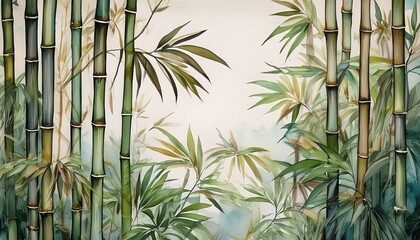 Fototapeta premium tall tropical bamboo wall mural painted art watercolor art style wallpaper background