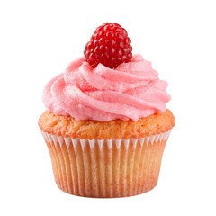 Isolated raspberry cupcake topped with fresh raspberry perfect for food blogs and bakery designs