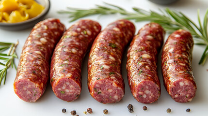 Delicious sausages arranged with herbs and spices on a table  
