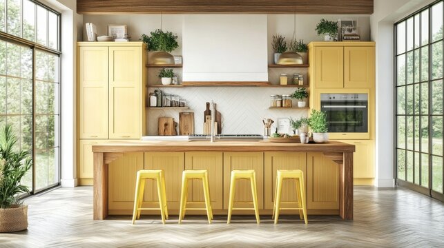Cheerful kitchen with yellow cabinets, wood island, yellow stools, herringbone flooring, large windows, and fresh decor