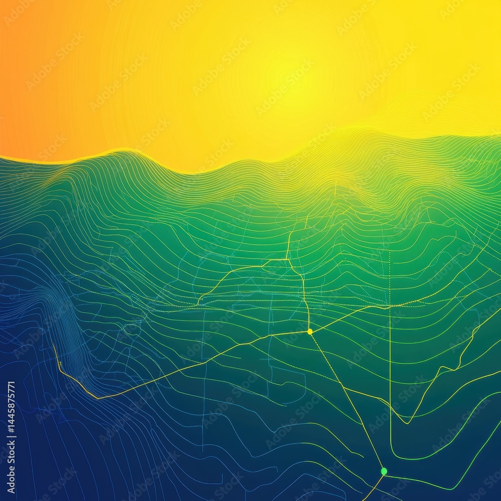 Fototapete artistic topographic map displaying gradient colors with digital line art route planning visualizati