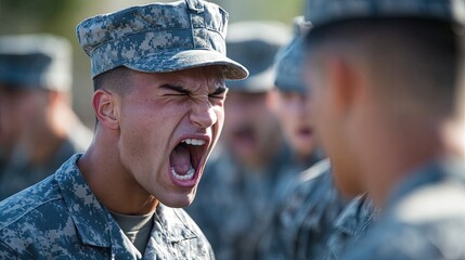 Drill Sergeant Shouting. Intense Military Training Exercise.