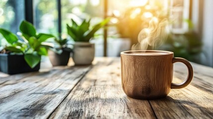 Wooden coffee mug, morning sunlight, plants, rustic table