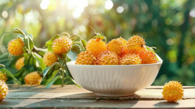 kumquat in a bowl in a white bowl on a wooden table. Selective focus
