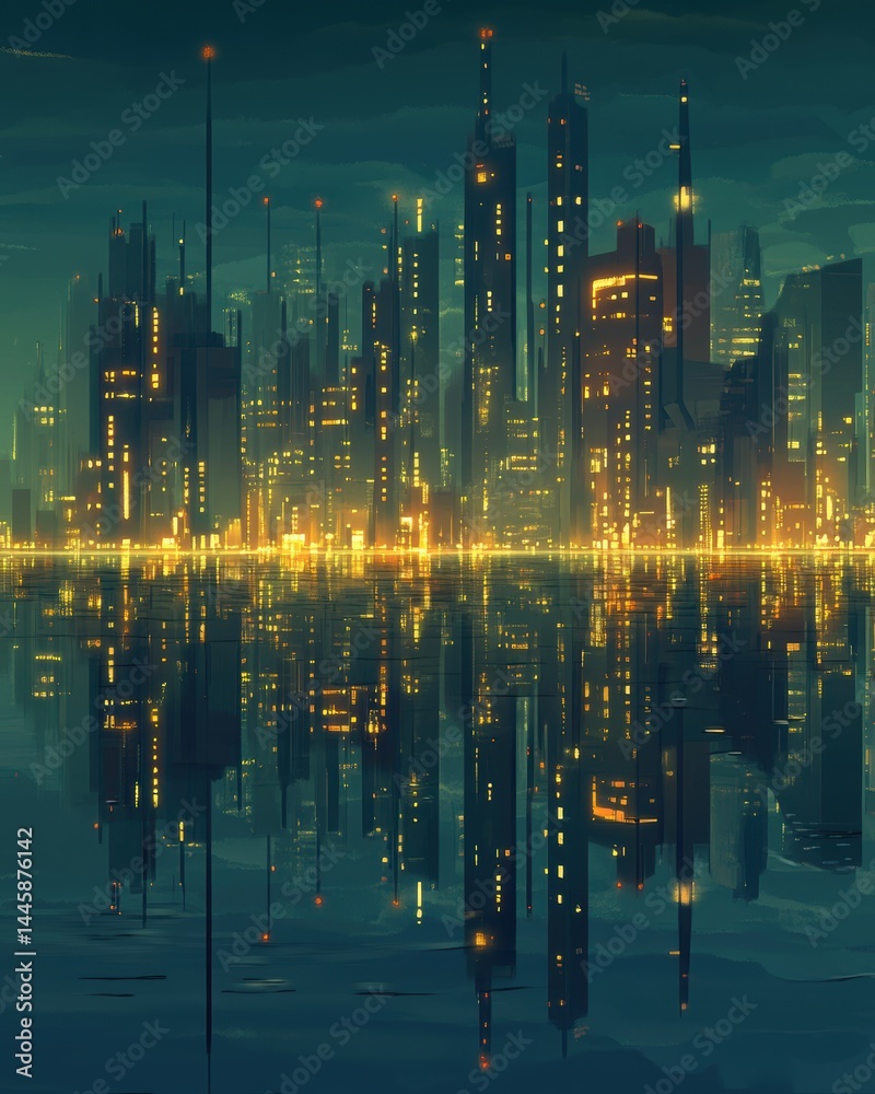 Poster futuristic city skyline reflection on tranquil water illuminated with artificial lights at twilight