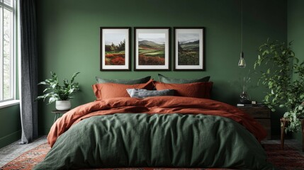 Deep green bedroom with olive and rust duvet, framed landscape prints, bedside plant, and patterned rug