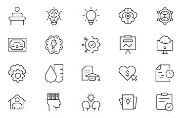 Fototapeta premium Set of Outline icons related to upskill, upskilling, personal growth, development, education, career. Outline icon collection. Editable stroke outline icon.