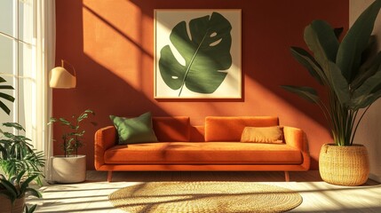 Earth-tone living room with terracotta and olive walls, rust sofa, abstract art, woven rug, and potted plant