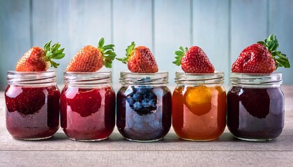 a row of jars filled with fruit preserves including strawberry blueberry