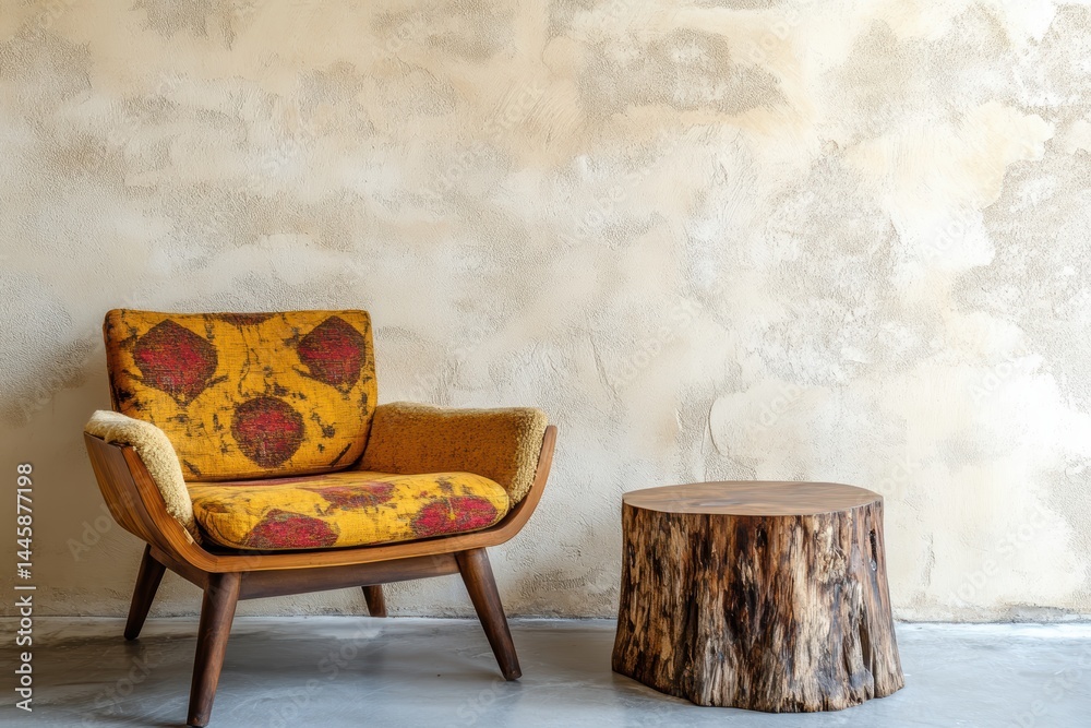 Poster chic studio shot of a retro patterned armchair with natural stump table on grey concrete floor and t