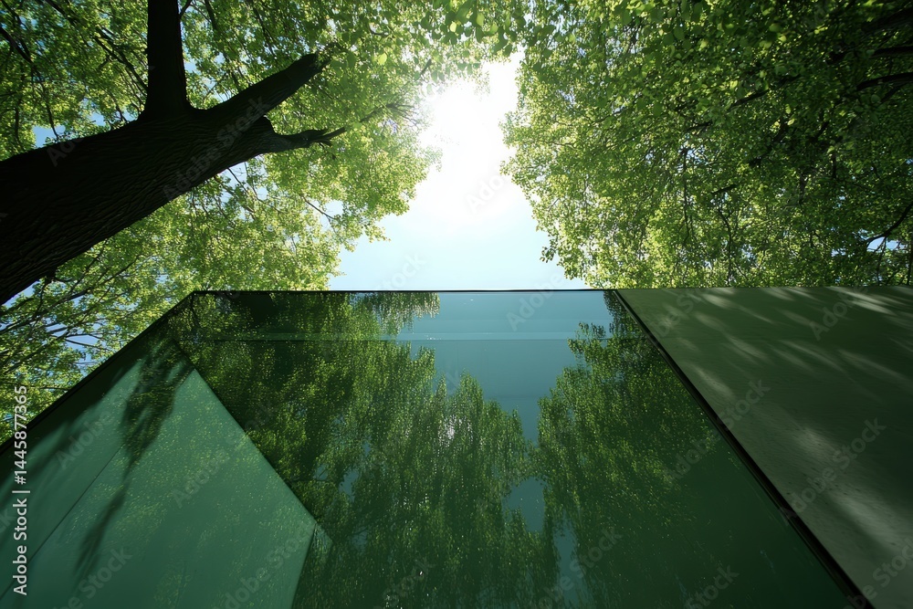 Poster ethereal canopy lush foliage freshness and modern architecture serene green reflective surface tranq