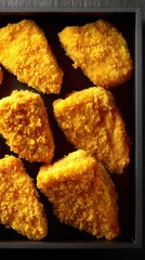 A close-up of crispy, golden chicken nuggets, perfect for a satisfying meal or snack.