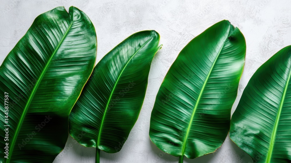 Poster luxurious banana leaves arrangement on a textured surface creating organic pattern rich in natural d