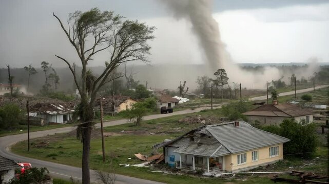 A powerful tornado wreaks havoc on a small town, causing destruction to homes and nature.