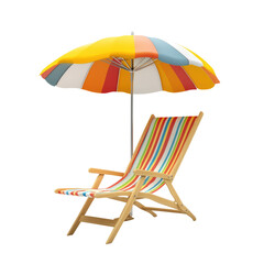 Beach chair with sun umbrella isolated on transparent white background, clipping path, pen tool